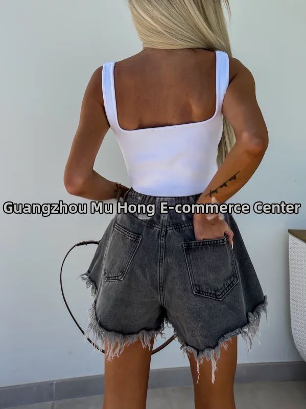 Summer New Style Women's High Waist Slimming Denim Shorts Frayed Hem A-Line Shorts_mkmklike.com