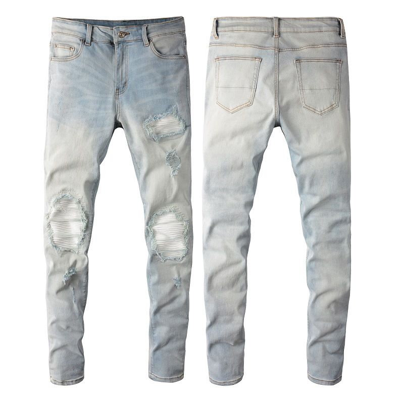 Men's Clothing Fashion Ripped Retro Slim Fit Stretch Denim Jeans With Vintage Distressed Patchwork & Ripped Details - Light Blue High Street Fashion_mkmklike.com