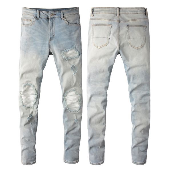 Men's Clothing Fashion Ripped Retro Slim Fit Stretch Denim Jeans With Vintage Distressed Patchwork & Ripped Details - Light Blue High Street Fashion_mkmklike.com
