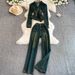 Korean Style V-Neck Suit Set – Slimming Metal Button Jacket & Flared Denim Pants For Women_mkmklike.com