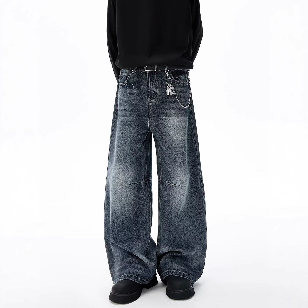 Men's Clothing Men's American Retro Washed Distressed Jeans Loose Casual Street Style Floor Length Trendy Trousers Menswear_mkmklike.com