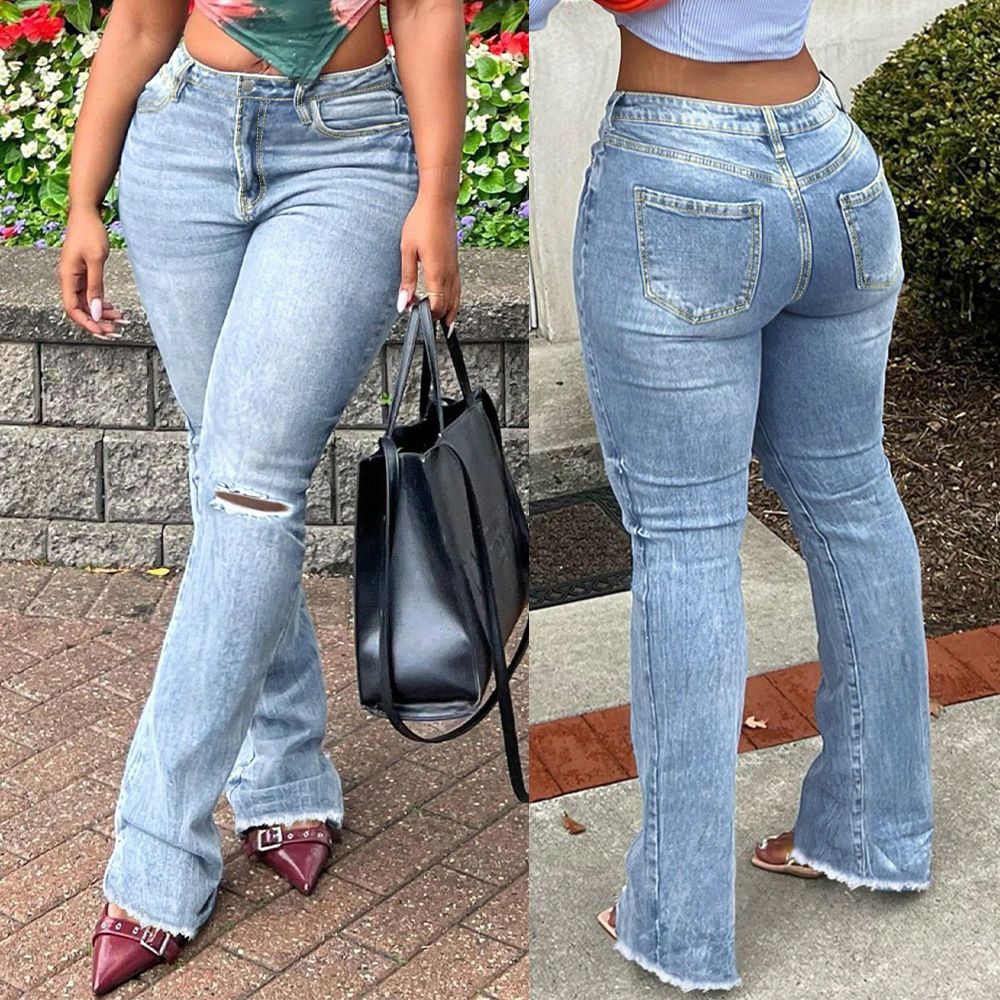 Women's Clothing Women's High Waist Ripped Flared Jeans Stretch Slim Fit Long Pants Spring Summer Style Frayed Edges Clothing_mkmklike.com