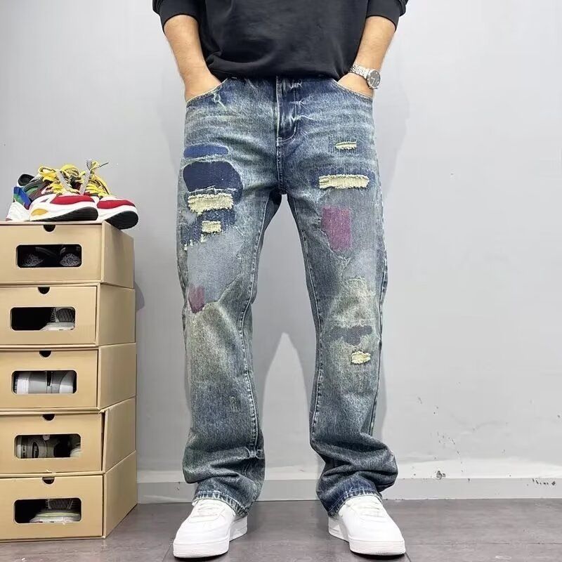 Men's Clothing Retro High End Ripped Jeans For Men Trendy Brand Personalized Scratched Patches Embroidered Slim Straight Pants For Spring And Autumn_mkmklike.com