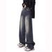 American Retro Blue-gray High-waisted Loose Denim Pants For Women, Spring Autumn Washed And Distressed Straight Casual_mkmklike.com