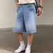 Men's Clothing Retro Whisker Design Washed Blue Jeans Men's Loose Straight Wide Leg Five Point Pants Trendy_mkmklike.com