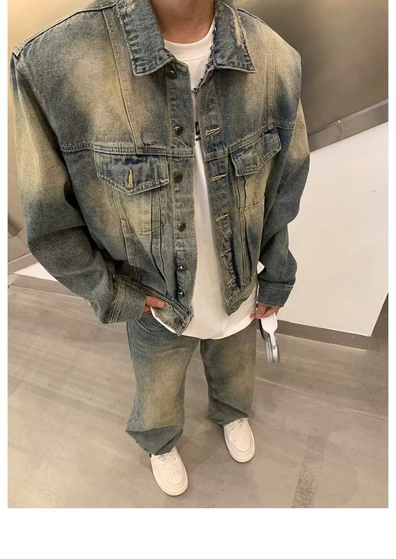 Vintage Washed Denim Jacket Men's Oversized Streetwear Coat Distressed Casual Cotton Blend High Street Fashion_mkmklike.com