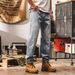 Light Blue Men's Straight Leg Jeans Mid Waist Loose Fit Casual Long Pants Slight Stretch Machine Washable Trendy Autumn Style_mkmklike.com