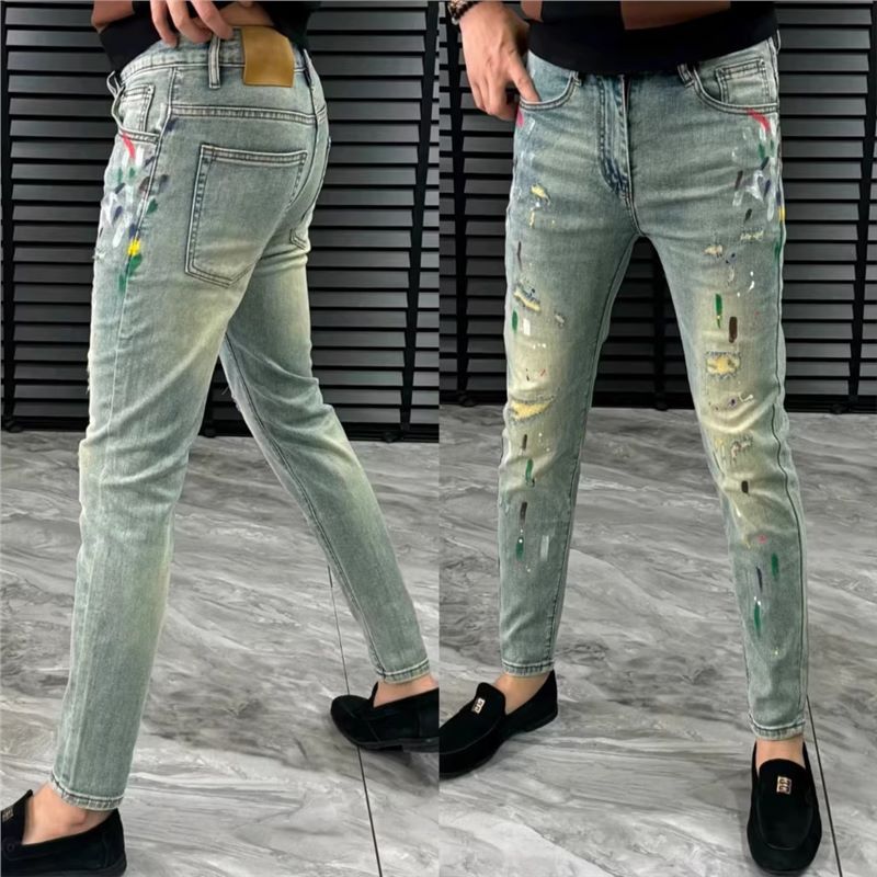 Men's Light Colored Painted Style European Jeans High Quality Stylish Versatile Comfortable Simple Fashionable Trendy Long Pants_mkmklike.com