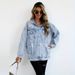 Distressed Denim Jacket Women's Oversized Streetwear Coat With Unique Ripped Design, Casual Loose Fit, Long Sleeve, Blue_mkmklike.com