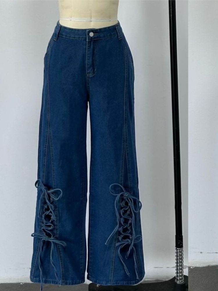 K New Retro Pants With Lace Up Decoration, Loose And Lazy Wide Leg Straight Leg Women's Jeans_mkmklike.com