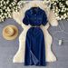 Women's Clothing High End Polo Collar Denim Dress Summer Split Belt Design Niche Temperament Long Skirt_mkmklike.com