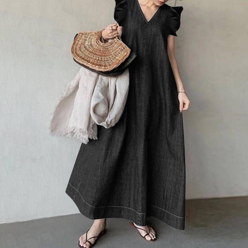 Vintage Denim Solid Dress 2025 Summer New Simple Ruffles Sleeveless Long Dresses Female Casual Office A-Line Loose Vestidos_mkmklike.com