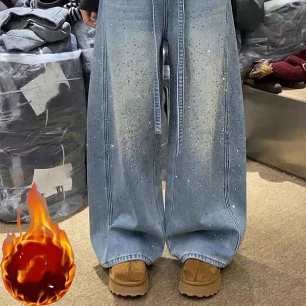 Plus Size Vintage Distressed Rhinestone Jeans For Women – Oversized Wide-Leg High-Waisted Denim Pants With Embellishments (Streetwear Style)_mkmklike.com