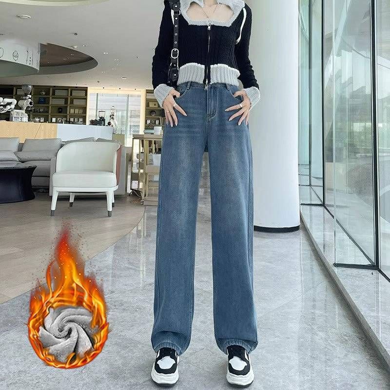 Women's Clothing Plush Warm Straight Jeans Thick High Waist Narrow Version Wide Leg Trousers_mkmklike.com