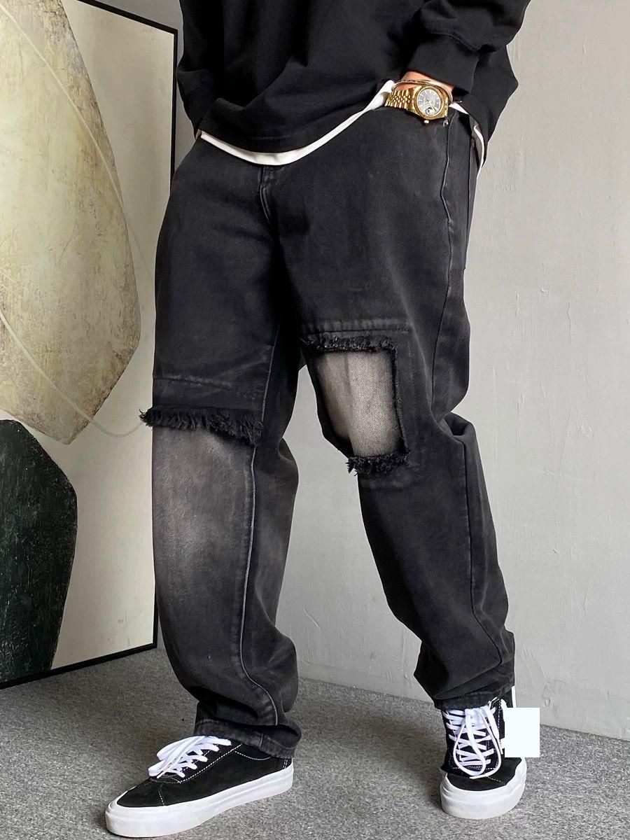 Men's Clothing High Street Washed Distressed Ripped Jeans Men Summer Ins Trend High Street Retro Loose Straight Casual Pants_mkmklike.com