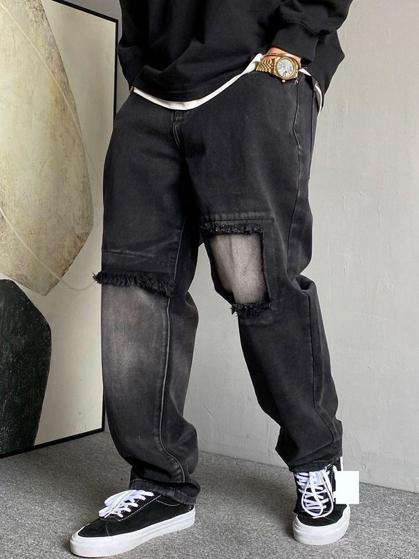 Men's Clothing High Street Washed Distressed Ripped Jeans Men Summer Ins Trend High Street Retro Loose Straight Casual Pants_mkmklike.com