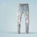 Men's Clothing Fashion Ripped Retro Slim Fit Stretch Denim Jeans With Vintage Distressed Patchwork & Ripped Details - Light Blue High Street Fashion_mkmklike.com