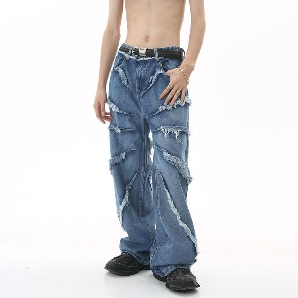 Men's Clothing Streetwear Distressed Washed Straight-Leg Jeans | High-Waisted Relaxed Fit | Vintage Blue Denim For Men & Women_mkmklike.com