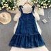 Women's Vintage Denim Lace-Up Camisole Dress Loose Slimming Ruffled Edge Midi Skirt Sweet Versatile Autumn Outfit_mkmklike.com