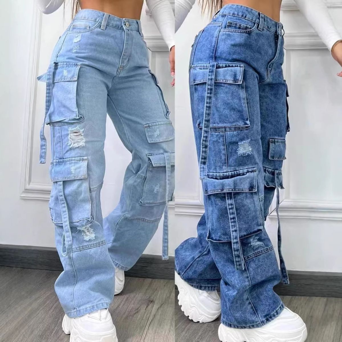 Women's High Waist Large Size Denim Trousers 2025 European Fashion Solid Color Versatile Multi Pocket Casual Workwear_mkmklike.com