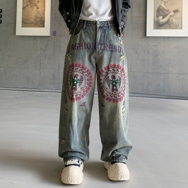 Vintage Washed Denim Jeans – High Street Distressed Print Wide-Leg Pants For Men & Women_mkmklike.com