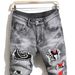Men's Slim Fit Straight Leg Jeans Midweight Heavy Duty Patchwork Ripped Graffiti Long Pants_mkmklike.com