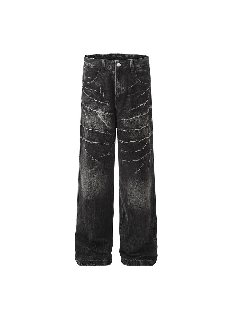 Vintage Washed Distressed Lightning Bolt Denim Jeans For Men & Women – High Street Fashion, Loose Fit, Straight Leg, Unisex Streetwear (Black/Blue)_mkmklike.com