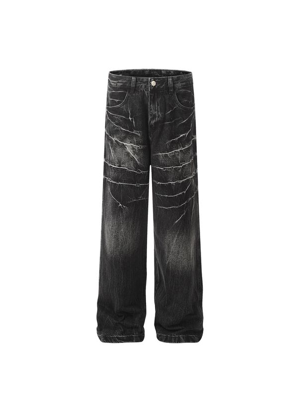 Vintage Washed Distressed Lightning Bolt Denim Jeans For Men & Women – High Street Fashion, Loose Fit, Straight Leg, Unisex Streetwear (Black/Blue)_mkmklike.com