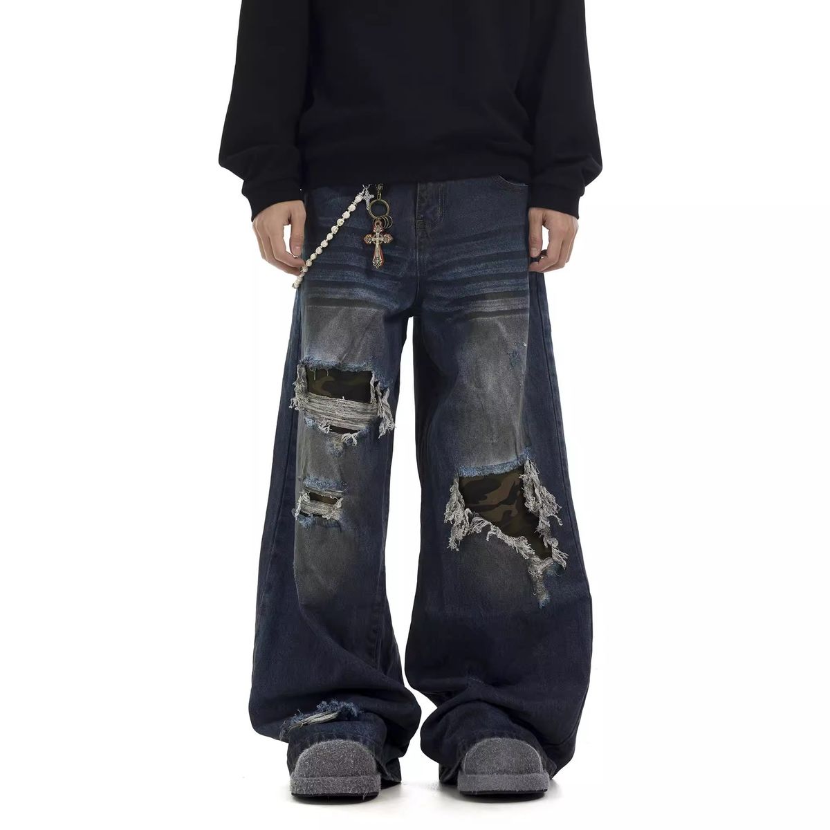 Men's Clothing Niche Distressed Camouflage Vintage Camo Patchwork Distressed Jeans For Men – Relaxed Fit Wide Leg Trousers With Streetwear Style_mkmklike.com