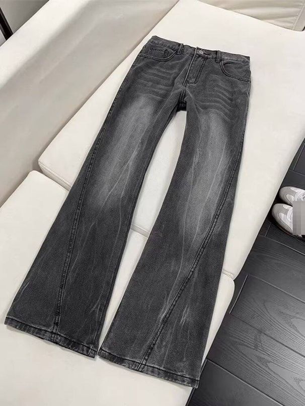 Men's Vibe High Street Straight Leg Jeans Washed Lightning Design Clean Fit Pants Slight Flare_mkmklike.com