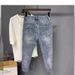 Men's Slim Fit Distressed Cropped Jeans Summer Trendy Versatile Young Fashion_mkmklike.com