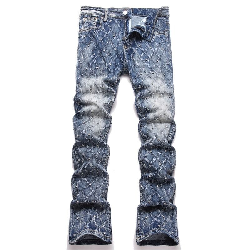 Men's Vintage Studded Flare Jeans - Light Blue Argyle Jacquard Denim Pants - Retro High Street Slim Fit Trousers For Men_mkmklike.com