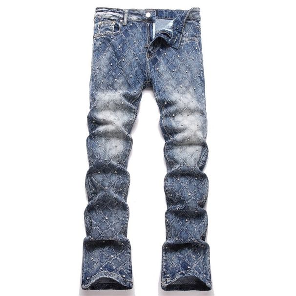 Men's Vintage Studded Flare Jeans - Light Blue Argyle Jacquard Denim Pants - Retro High Street Slim Fit Trousers For Men_mkmklike.com