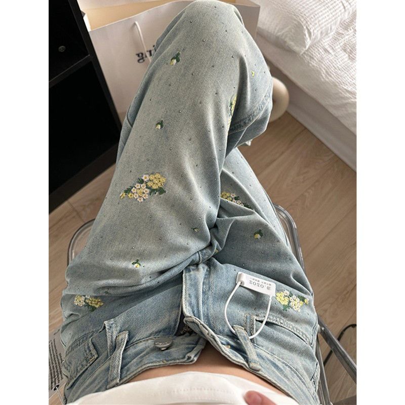 Women's Clothing Washed Floral Embroidery Design Washed Blue Jeans High Waist Slim Loose Straight Floor Length Trousers_mkmklike.com