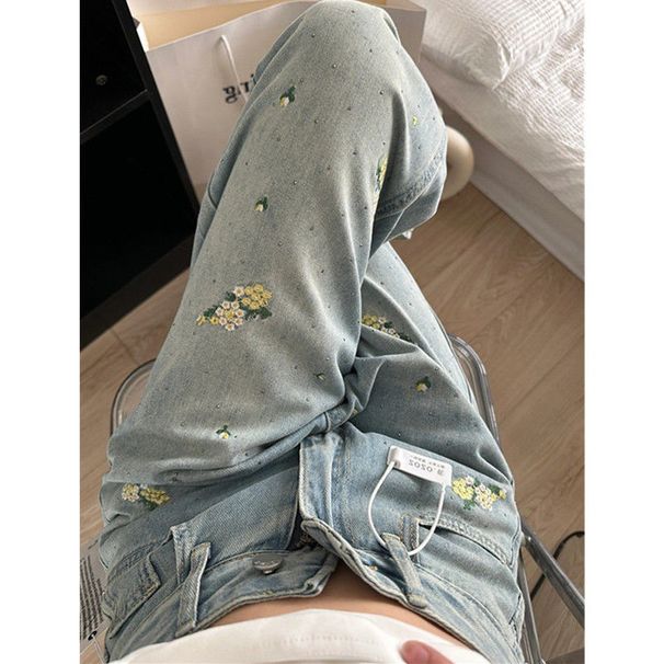 Women's Clothing Washed Floral Embroidery Design Washed Blue Jeans High Waist Slim Loose Straight Floor Length Trousers_mkmklike.com