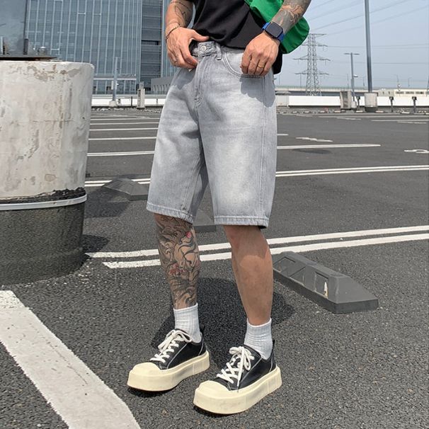 Men's Trendy Straight Leg Denim Shorts Sky Gray Premium Washed Casual Five Point Loose Fit 2025_mkmklike.com