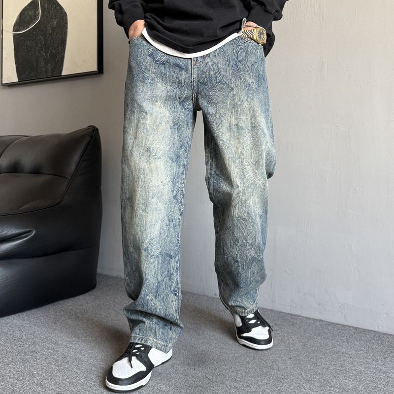 Men's Casual Loose Fitting Wide Leg Jeans Trendy Fashionable High Street Straight Leg Pants For Spring_mkmklike.com
