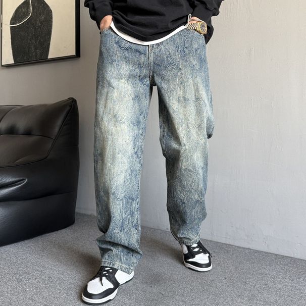Men's Casual Loose Fitting Wide Leg Jeans Trendy Fashionable High Street Straight Leg Pants For Spring_mkmklike.com