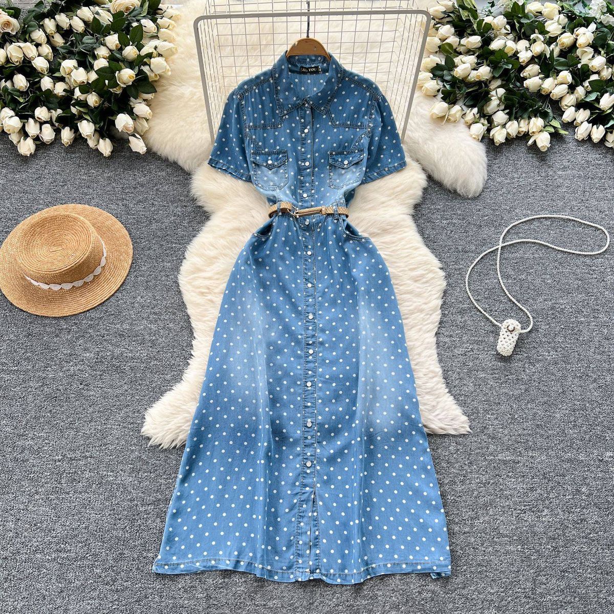 Women's Clothing Fashion Short Sleeved Polka Dot Denim Dress With Slim Waist And Elegant Temperament A Line Shirt Dress_mkmklike.com