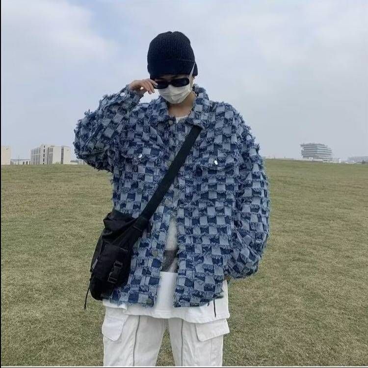 Men's Distressed Checkerboard Denim Jacket High Street Oversized Workwear Coat For Spring & Fall_mkmklike.com
