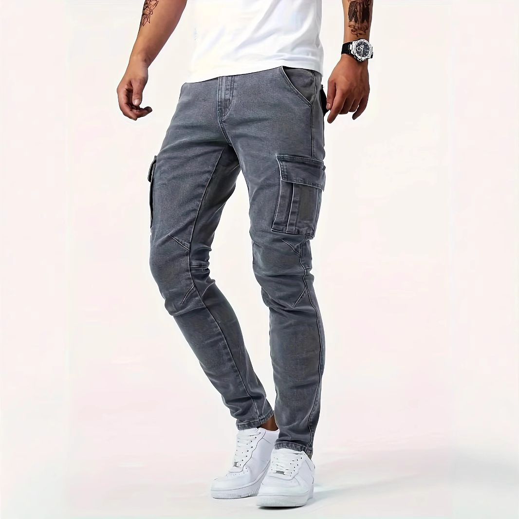 Men's Stretch Denim Cargo Pants – Utility Style With Comfort & Extra Pockets (Greyish, Sizes 30-38)_mkmklike.com