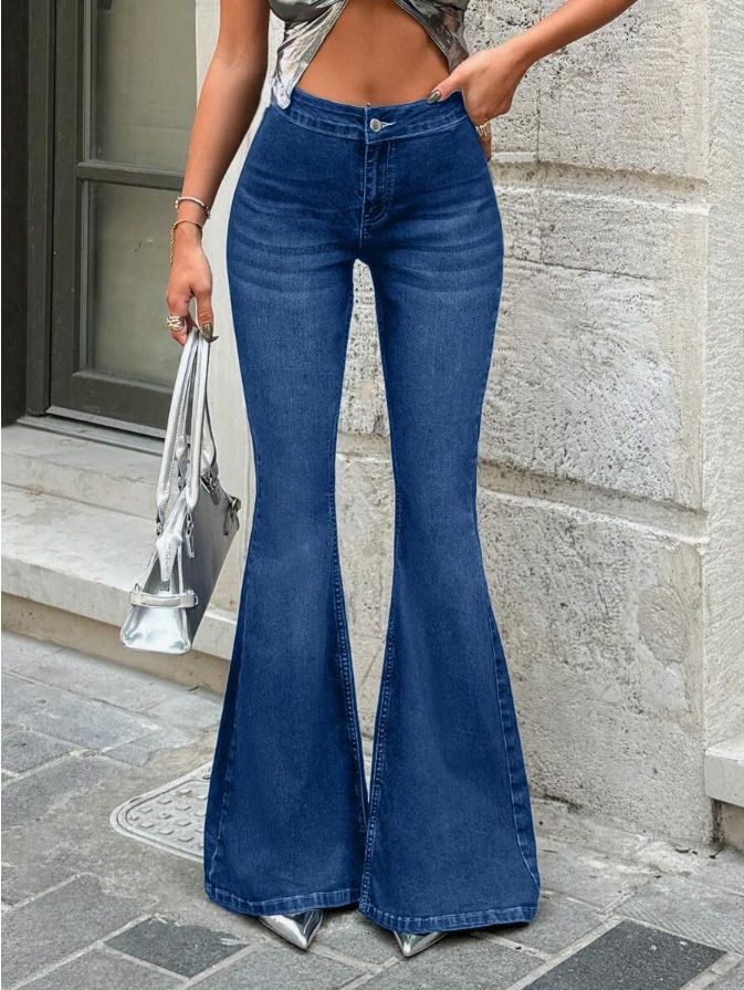 Stretch High Waist Flared Jeans For Women - Retro Blue Denim Pants With Slim Bootcut Fit_mkmklike.com