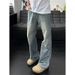 American High Street Vibe High-waisted For Men, Spring Vintage Blue Curved Cut Jeans, Washed Straight-leg Flared Pants_mkmklike.com
