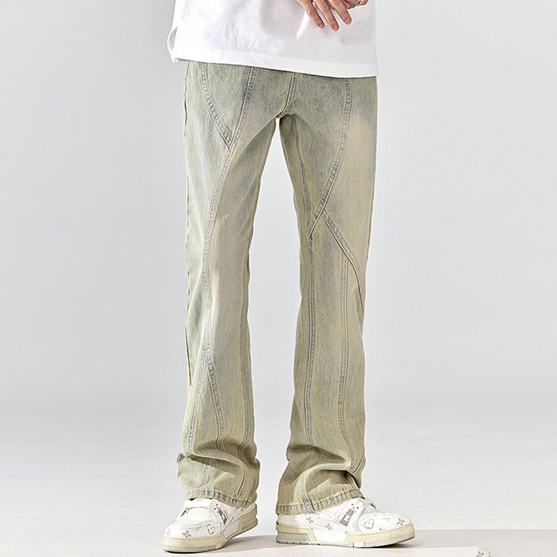 Nordmann American Style Vibe Mud Yellow Dyed Jeans For Men Retro Washed Trendy High Street Loose Straight Casual Long Pants_mkmklike.com