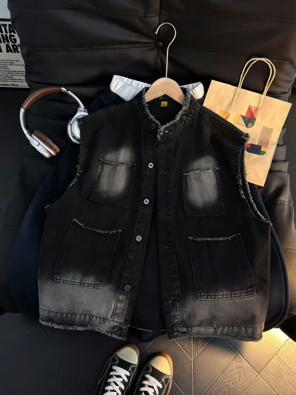 Summer American Style Ripped Denim Vest Sleeveless Tank Top Stand up Collar Cotton Workwear Jacket Trendy_mkmklike.com