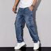 Vintage American Workwear Jeans For Men – Mid-Rise Utility Pants With Multi-Pockets (Peacock Blue/Black, S-XXL)_mkmklike.com