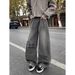 High Street Loose Fitting Wide Leg Curved Jeans Men's American Style Letter Print Silhouette Washed Straight Leg Drape Distressed Trousers_mkmklike.com