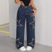 Women's Casual Versatile Jeans Loose Straight Leg Five Pointed Star Tassel Frayed Edge Denim European American Style_mkmklike.com