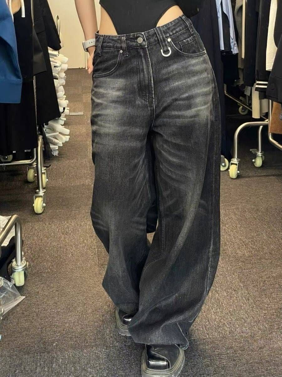 Women’s Clothing large size black wide leg jeans hip hop street ins loose jeans women_mkmklike.com