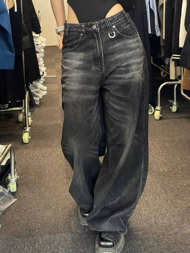 Women’s Clothing large size black wide leg jeans hip hop street ins loose jeans women_mkmklike.com
